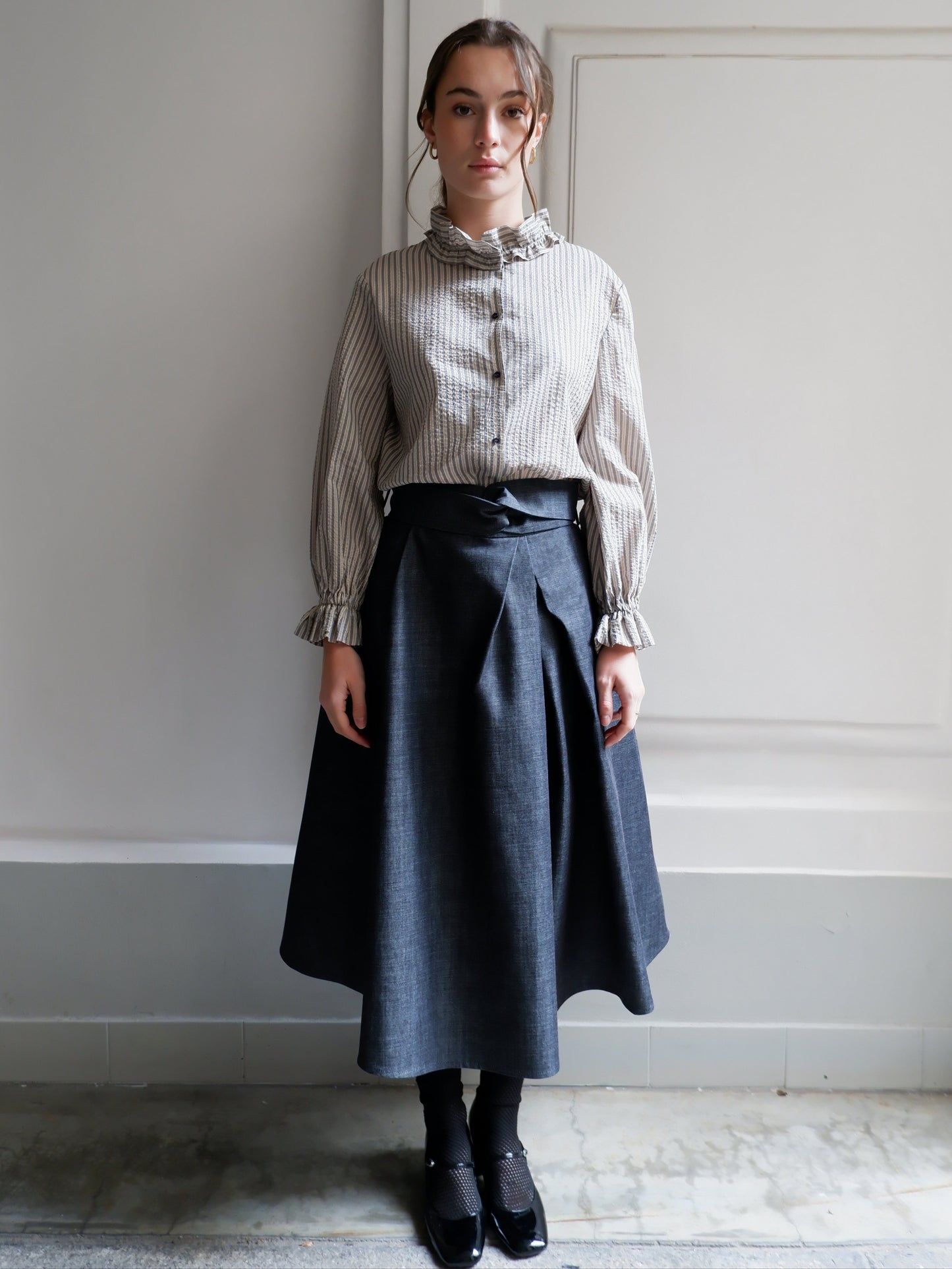 ISABELLA NAVY AND CAMEL STRIPED BLOUSE