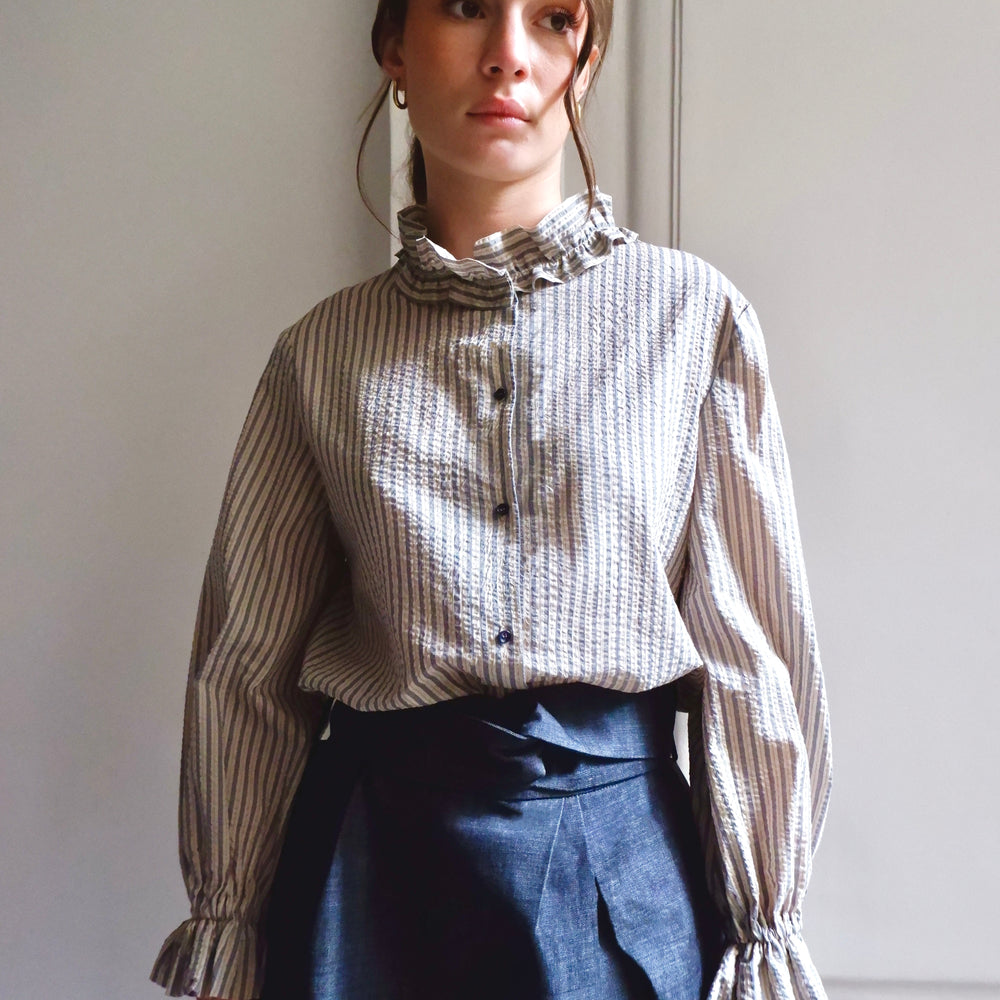ISABELLA NAVY AND CAMEL STRIPED BLOUSE