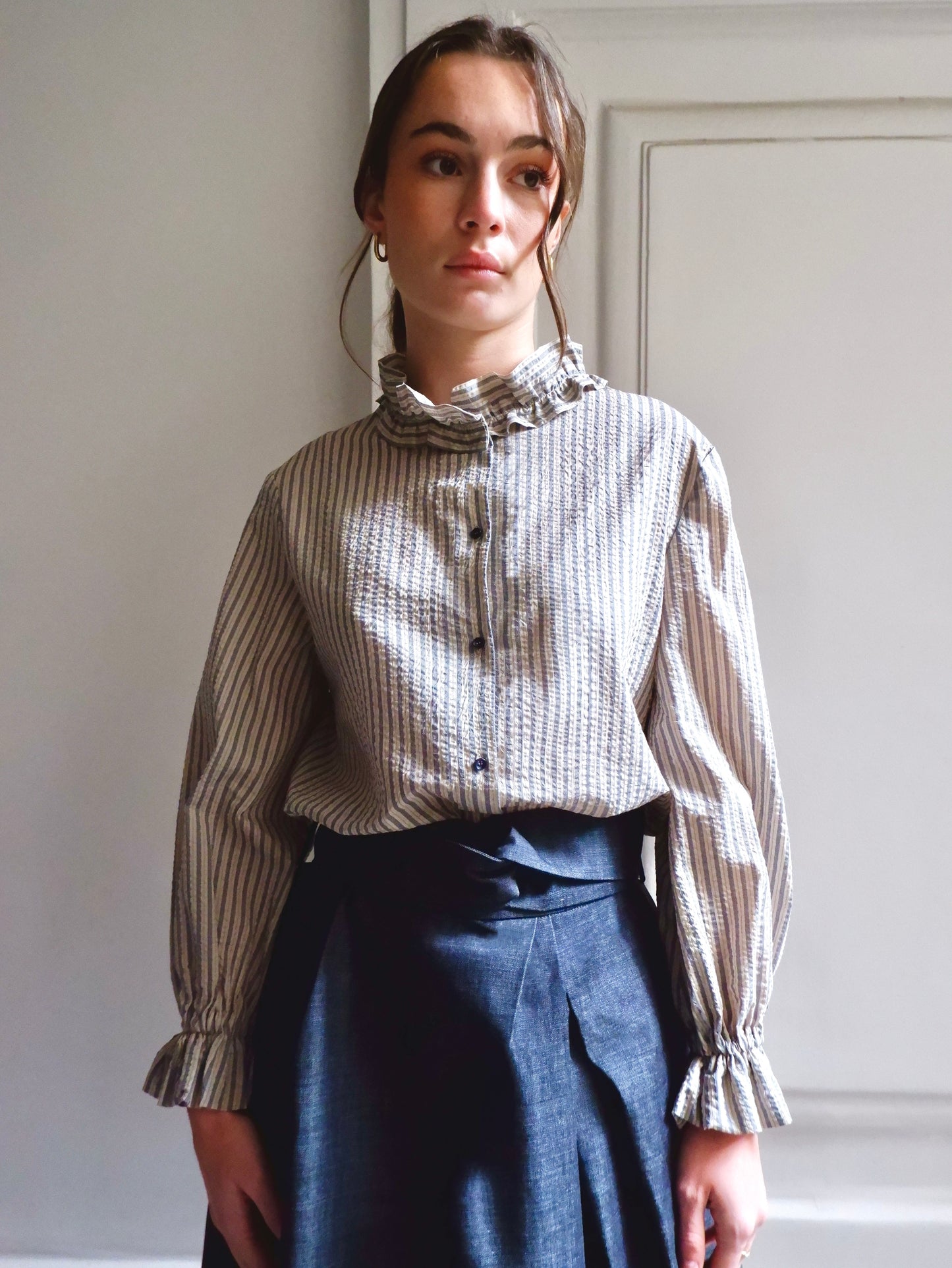 ISABELLA NAVY AND CAMEL STRIPED BLOUSE