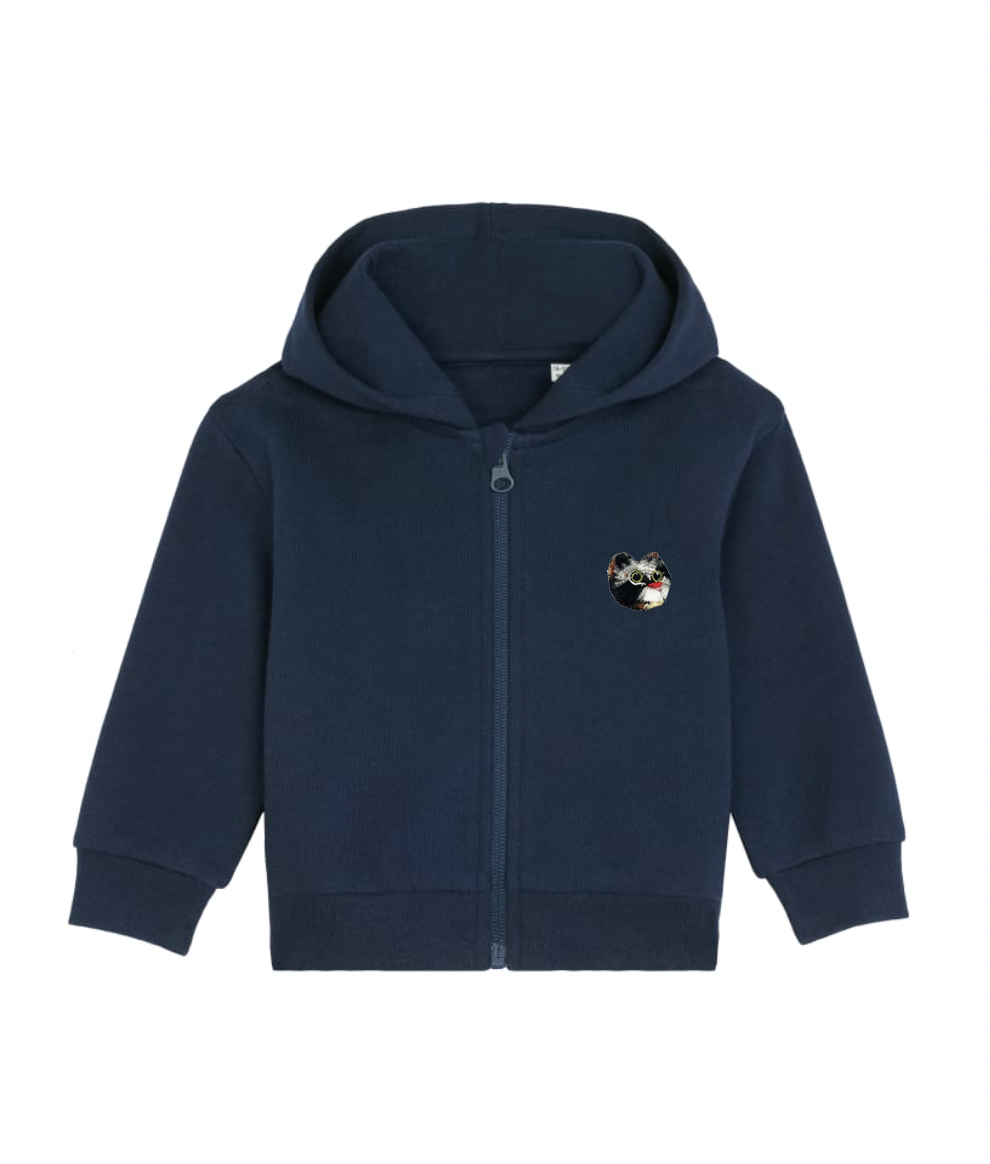 Cute 1 year old baby zipped hoodie with cat embroidery