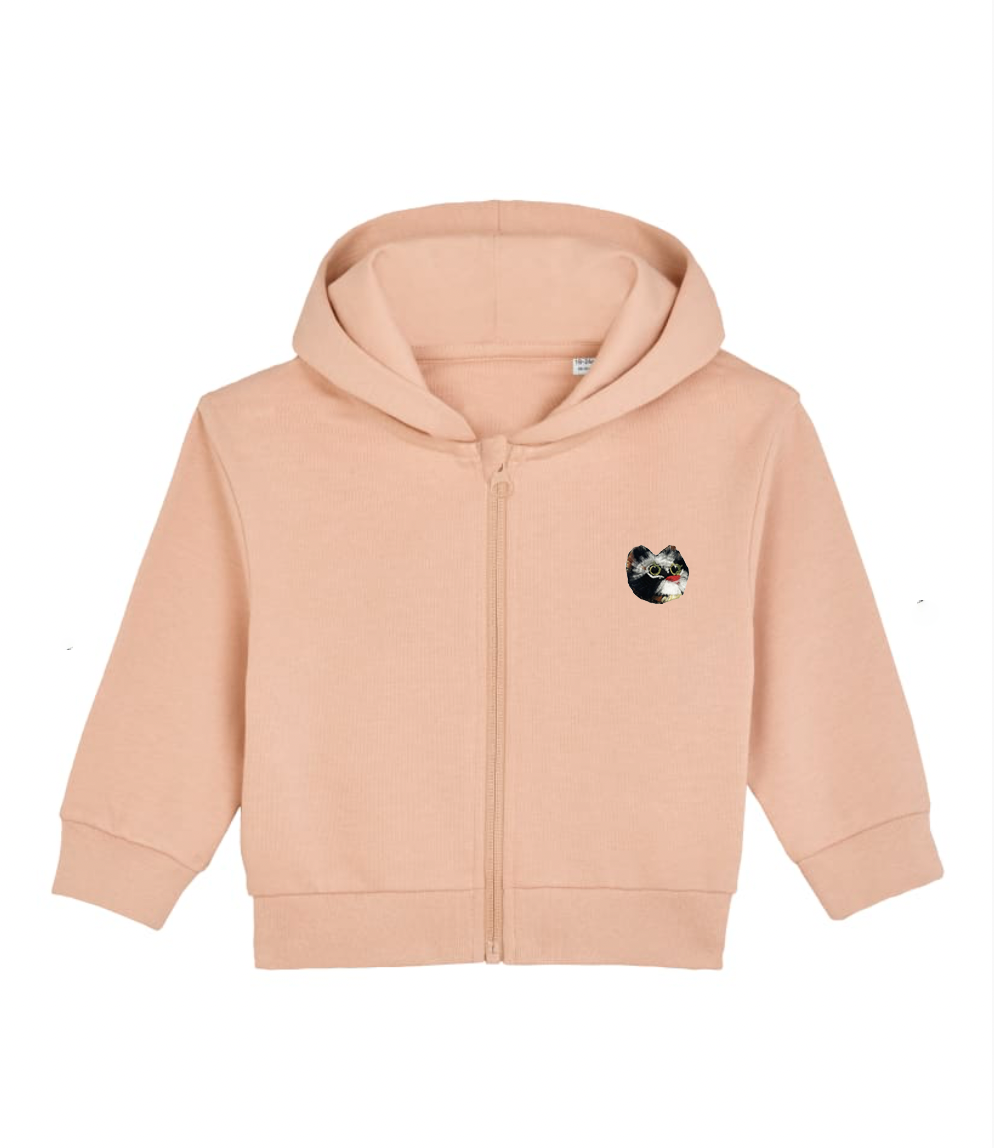 Cute 1 year old baby zipped hoodie with cat embroidery
