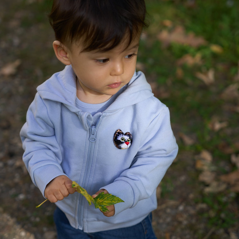 Cute 1 year old baby zipped hoodie with cat embroidery