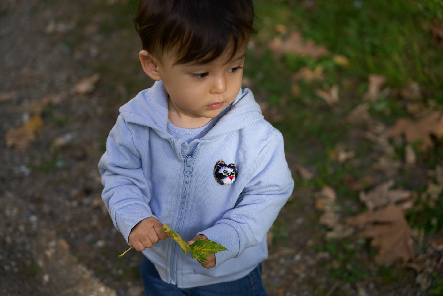 Cute 1 year old baby zipped hoodie with cat embroidery