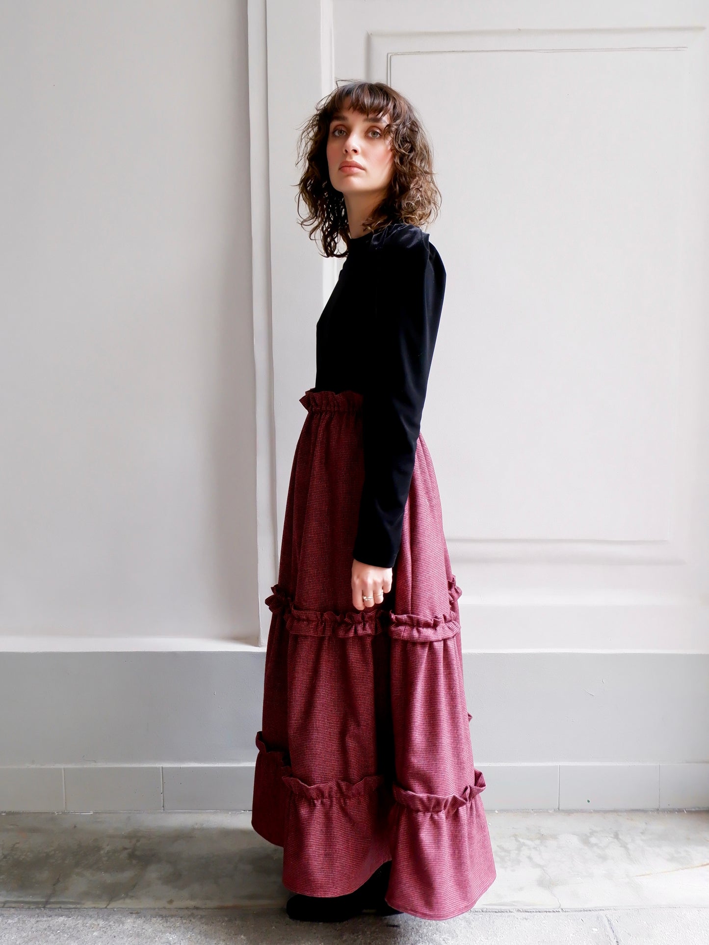 ONDINE RED AND BLACK HOUNDSTOOTH SKIRT