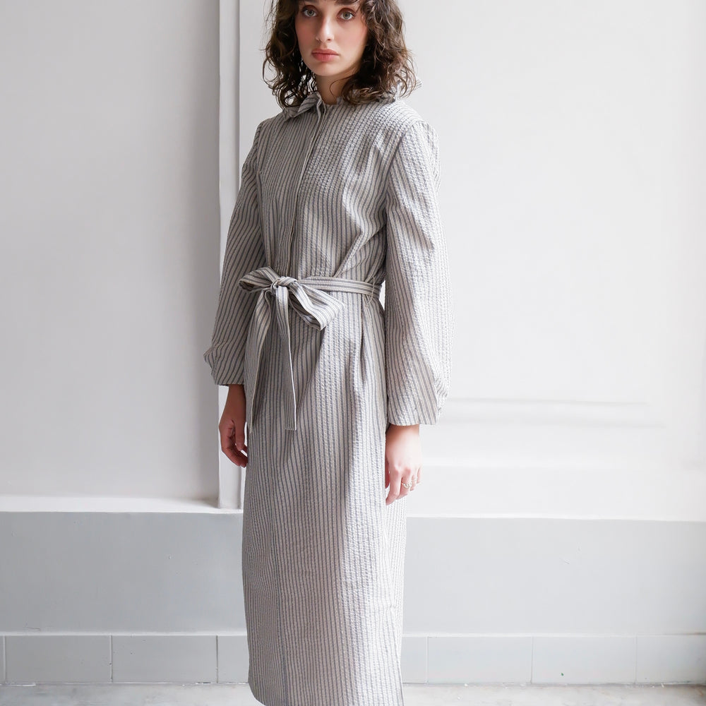 ODETTE NAVY AND CAMEL STRIPED DRESS