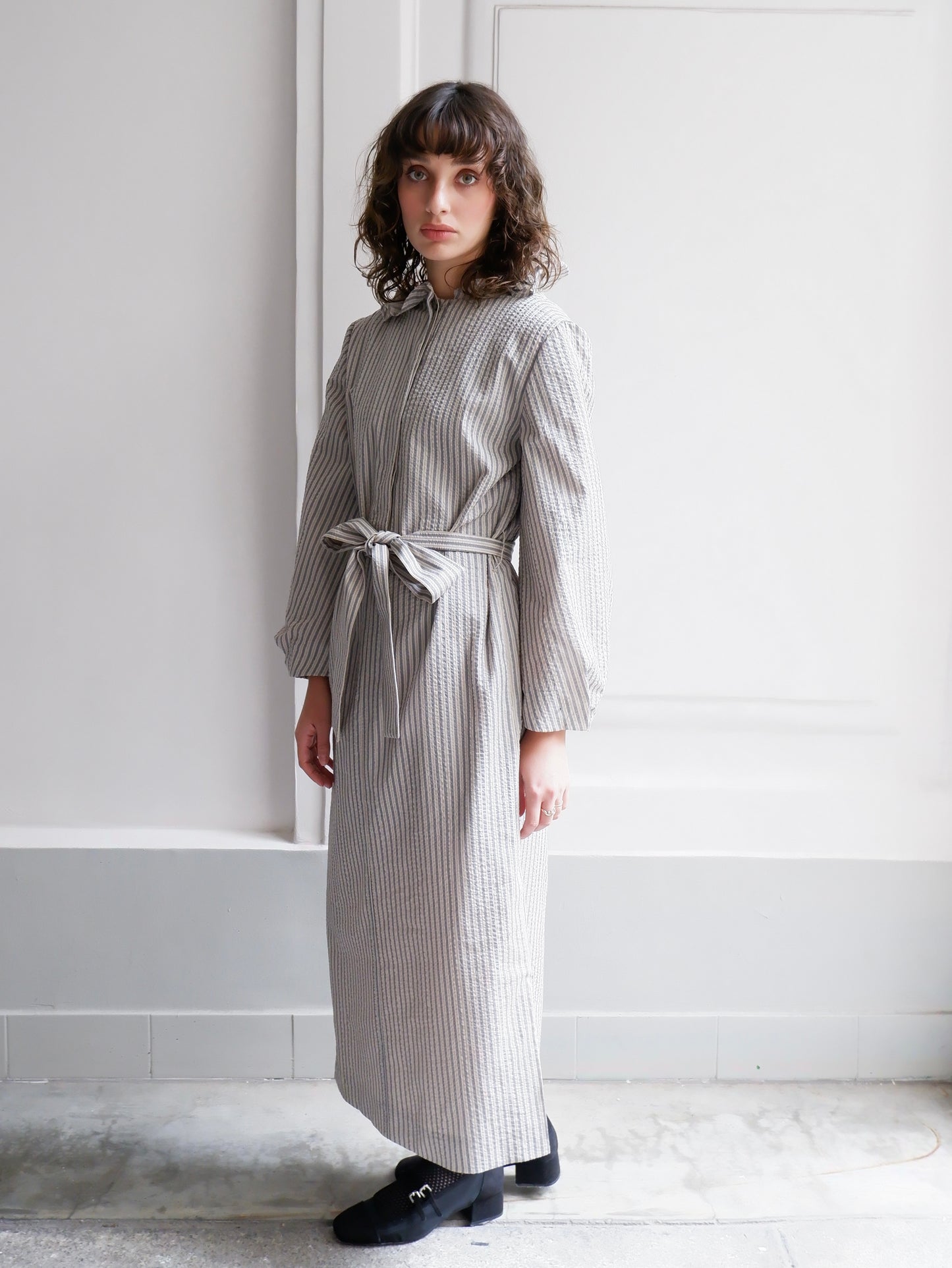 ODETTE NAVY AND CAMEL STRIPED DRESS