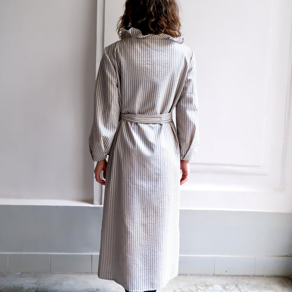 
                      
                        ODETTE NAVY AND CAMEL STRIPED DRESS
                      
                    