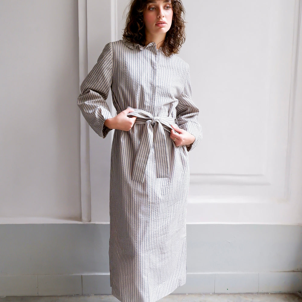 ODETTE NAVY AND CAMEL STRIPED DRESS