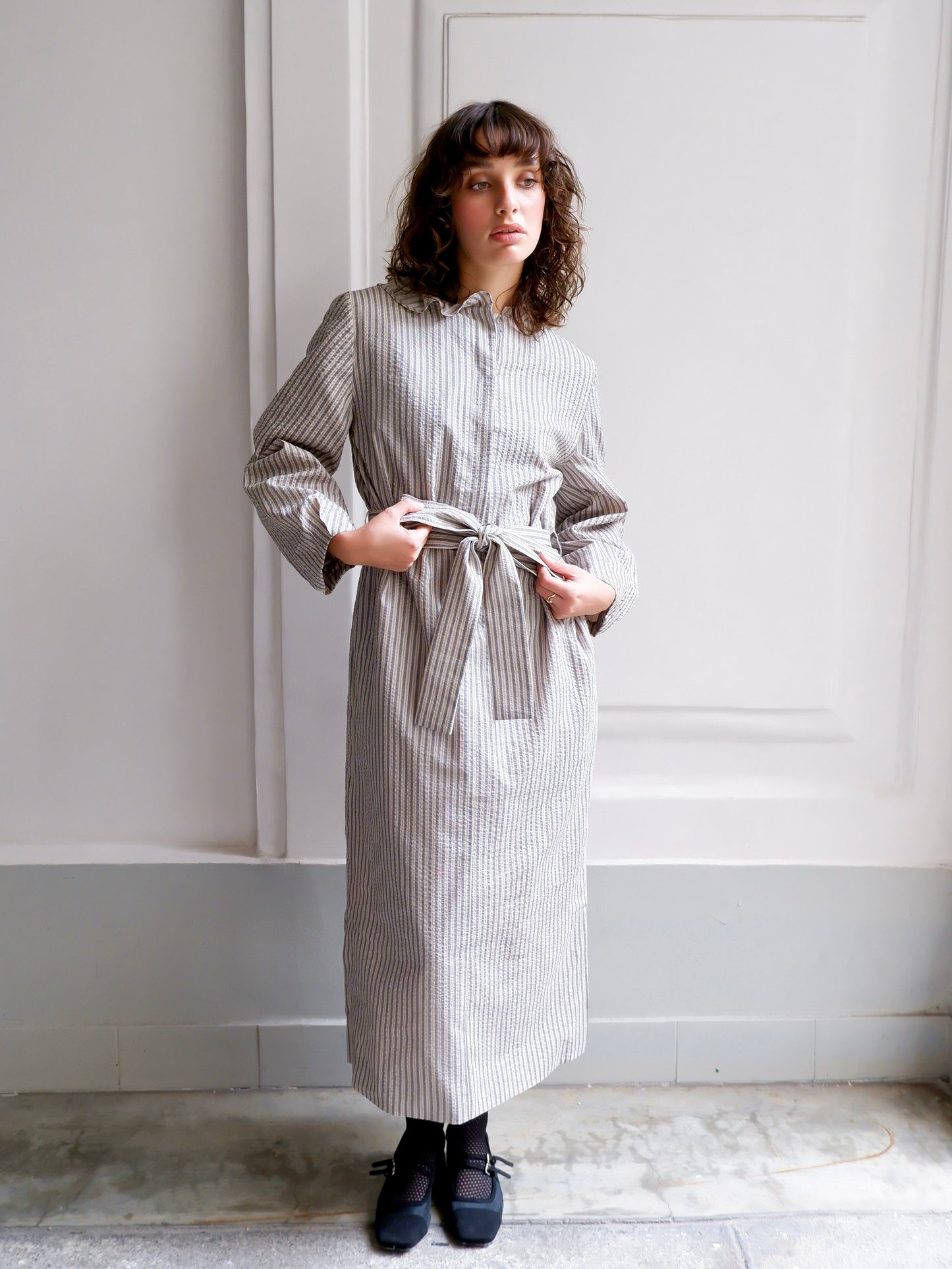ODETTE NAVY AND CAMEL STRIPED DRESS