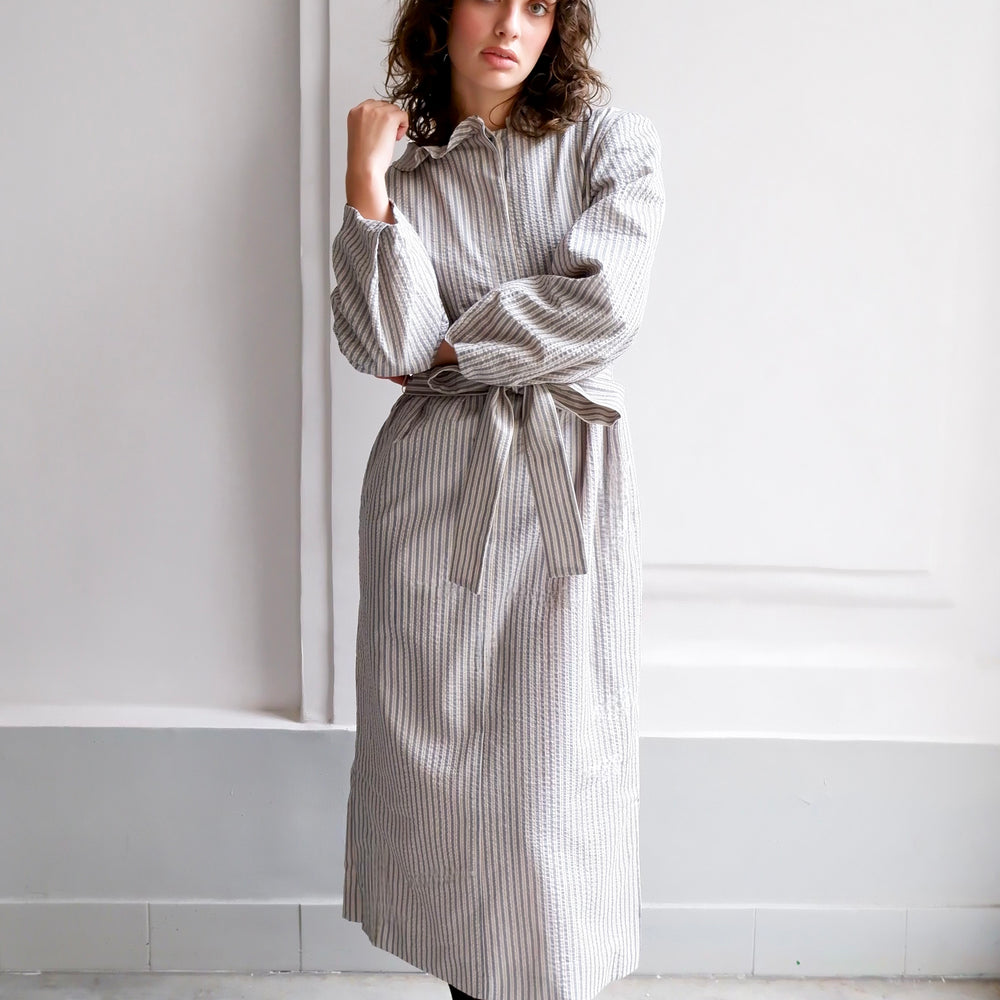 
                      
                        ODETTE NAVY AND CAMEL STRIPED DRESS
                      
                    